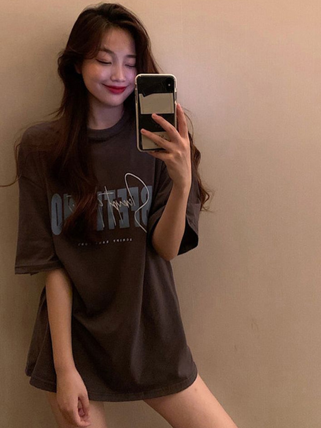 

LULU & SKY Women Typography Printed Round Neck Oversized T-shirt, Brown
