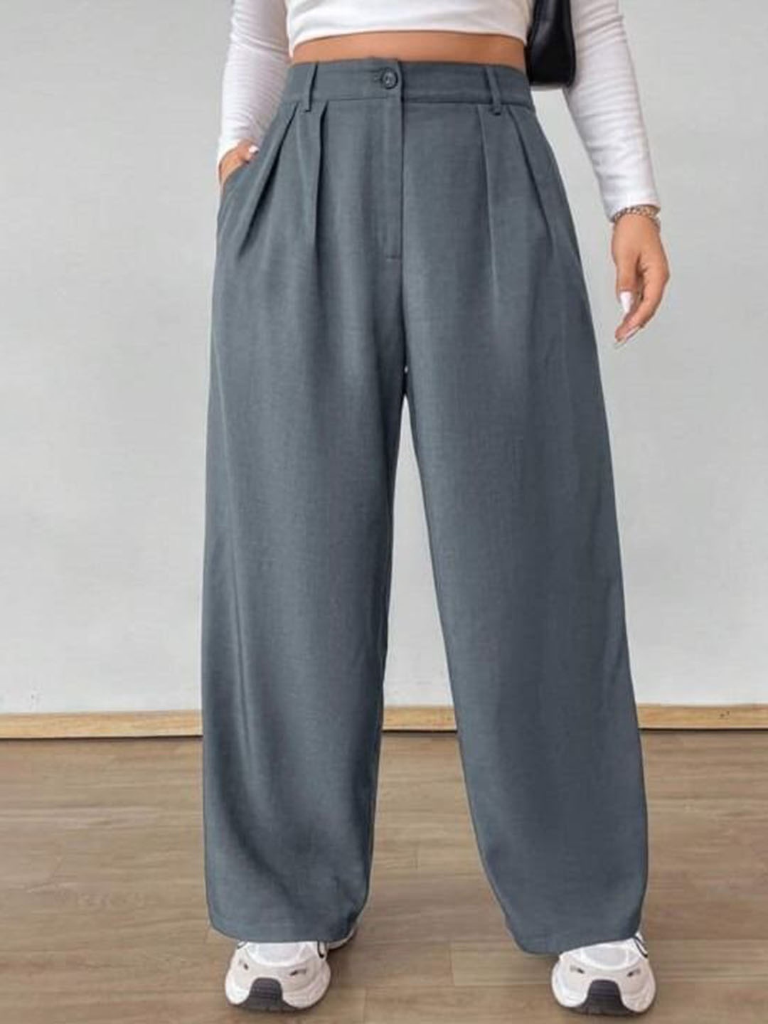 

Next One Women Baggy Fit Pleated Korean Pants, Grey