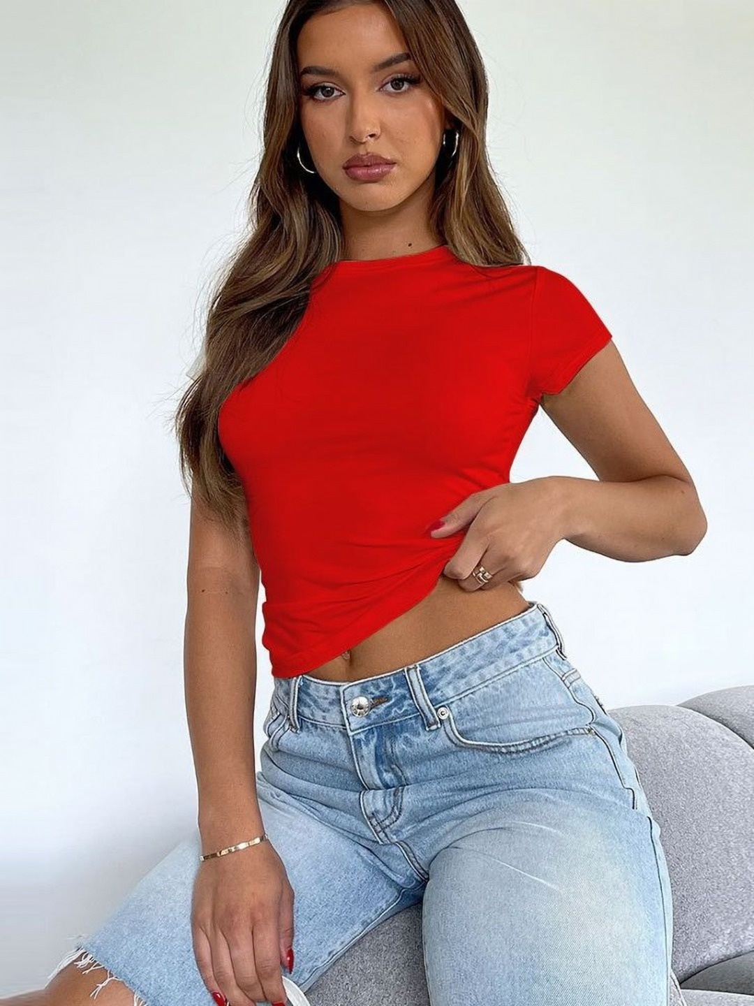 

LULU & SKY Women Solid Round Neck Slim Fit T-shirt, Red
