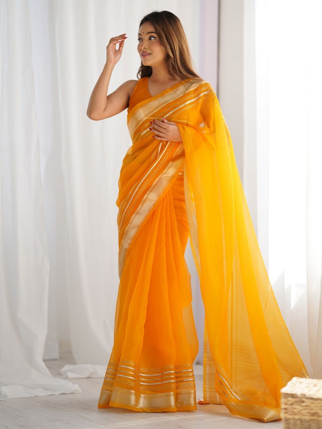 

KALINI Woven Design Zari Organza Chanderi Saree, Yellow