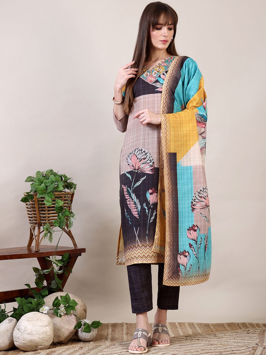 

KALINI Floral Printed Pure Cotton Straight Kurta with Trousers & Dupatta, Blue