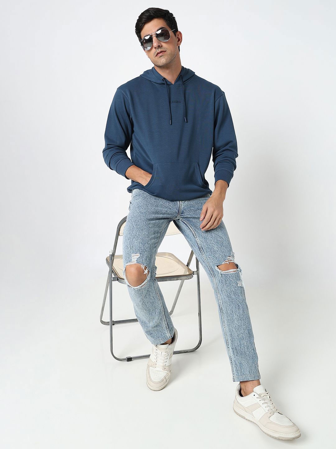

R&B Men Hooded Pullover Sweatshirt, Blue