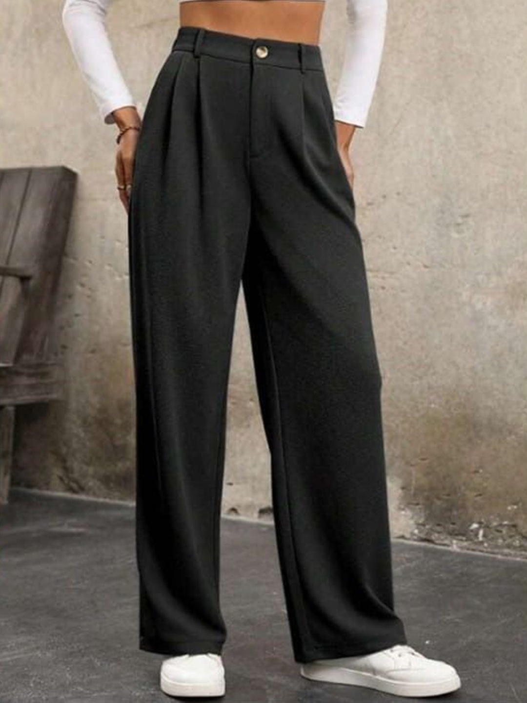 

Next One Women Smart Straight Fit High-Rise Pleated Korean Pant, Black