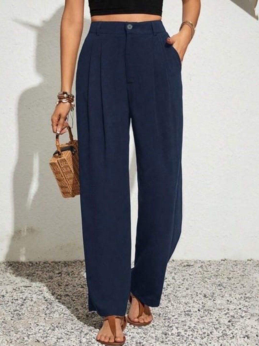 

Next One Women Smart Loose Fit High-Rise Easy Wash Pleated Korean Pants, Navy blue