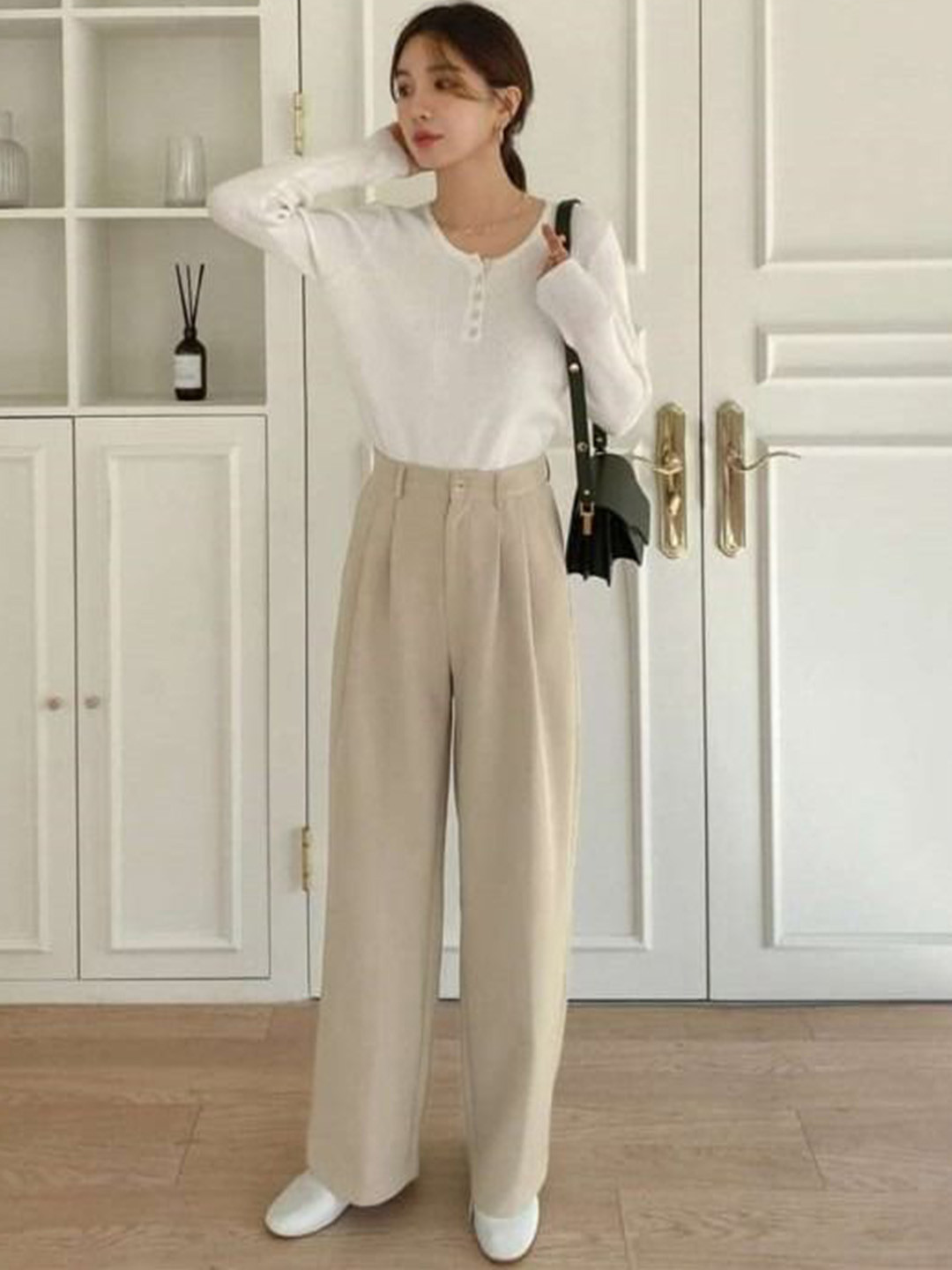 

Next One Women Smart Loose Fit High-Rise Baggy Fit Pleated Korean Pant, Beige