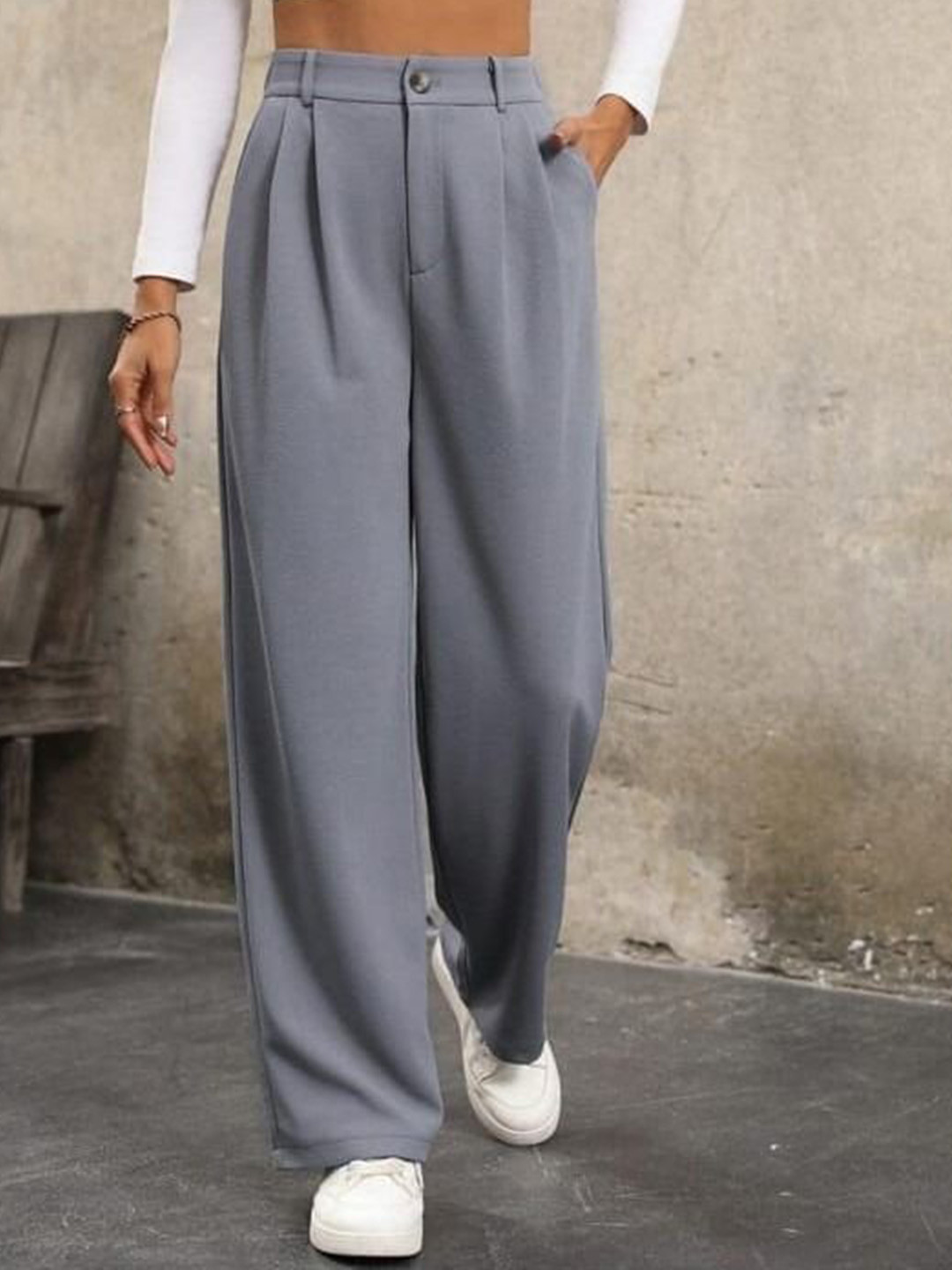 

Next One Women Smart High-Rise Easy Wash Korean Pants, Grey