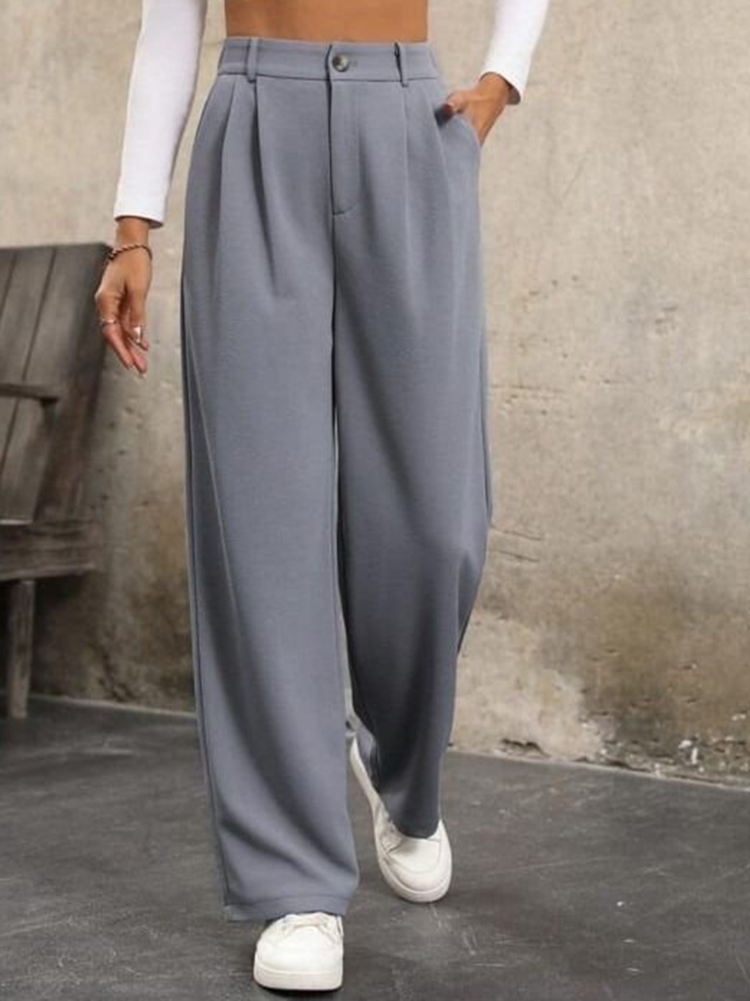 

Next One Women Smart Straight Fit High-Rise Easy Wash Pleated Korean Pant, Grey