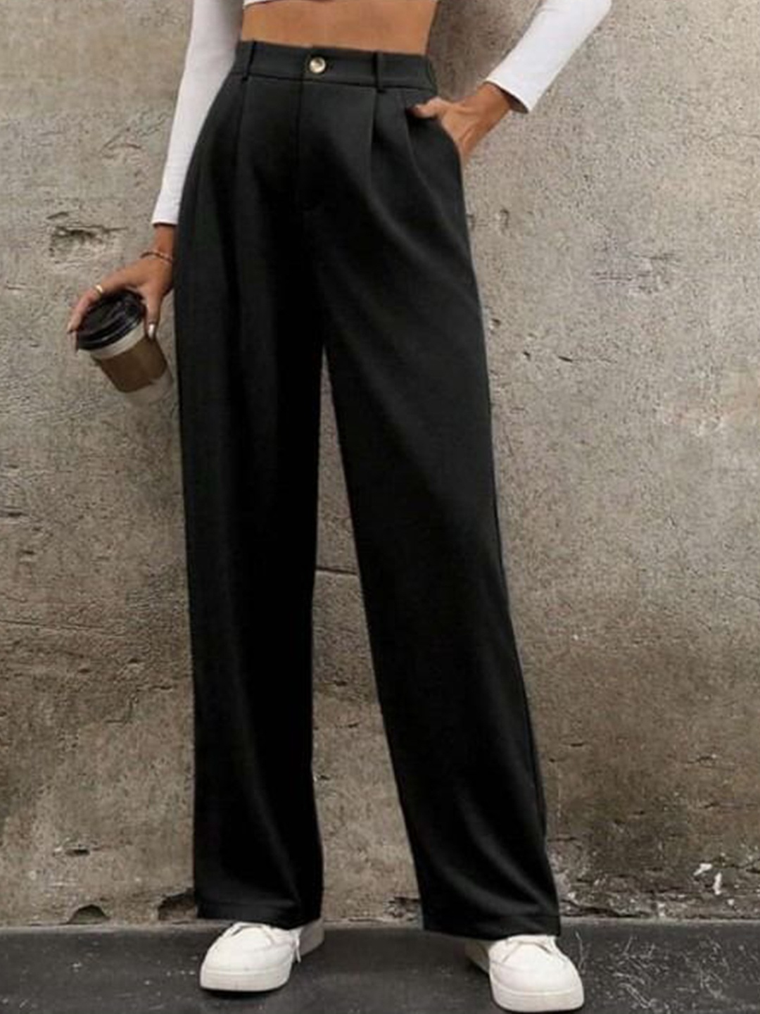 

Next One Women Smart High-Rise Easy Wash Pleated Korean Pants, Black
