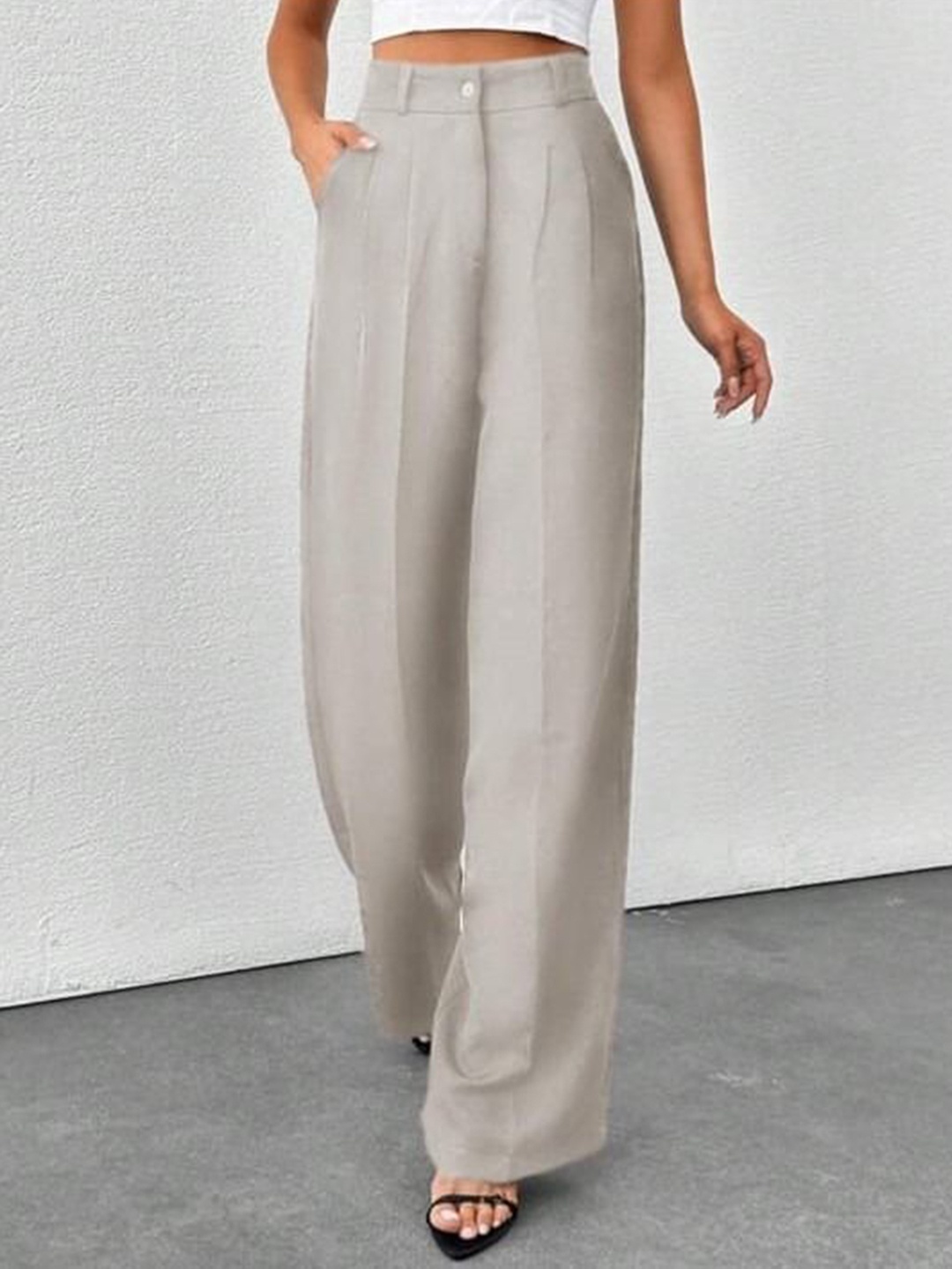 

Next One Women Smart Loose Fit High-Rise Easy Wash Pleated Trousers, Grey