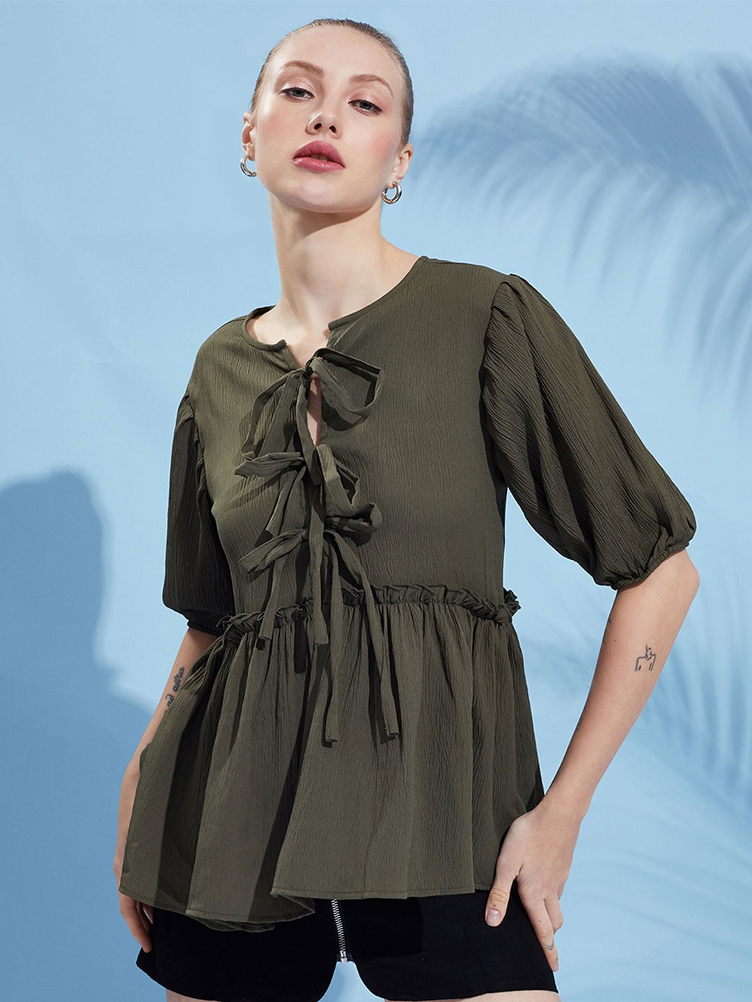 

HERE&NOW Women Round Neck Peplum Top, Olive