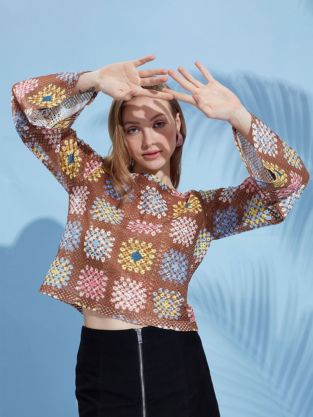 

HERE&NOW Printed Crochet Top, Brown