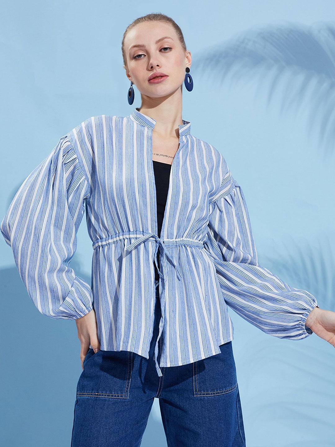 

HERE&NOW Women Vertical Stripes Printed Cotton Top, Blue