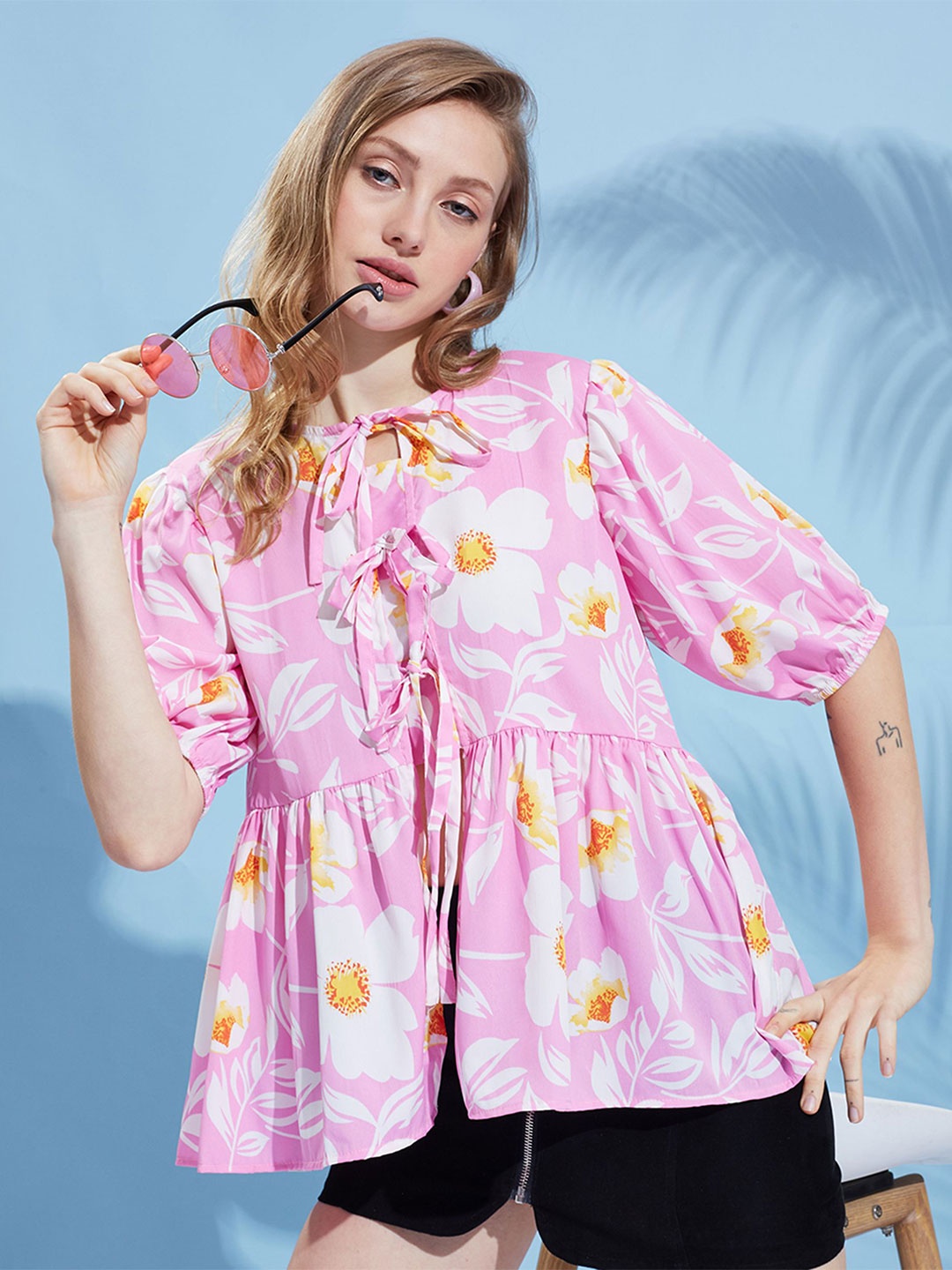 

HERE&NOW Women Floral Print Tie-Up Neck Crepe Top, Pink