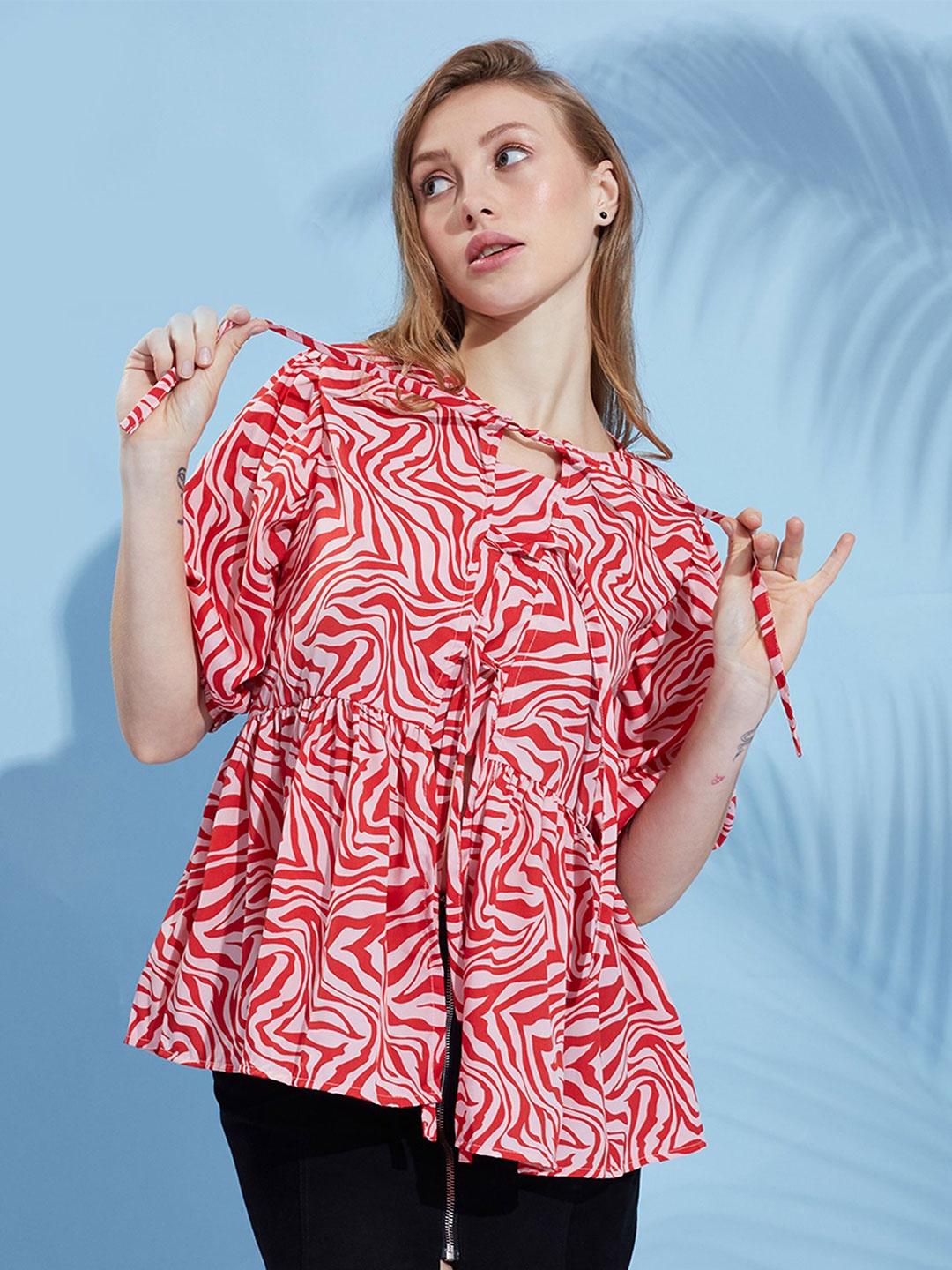 

HERE&NOW Women Printed Peplum Crepe Peplum Top, Red