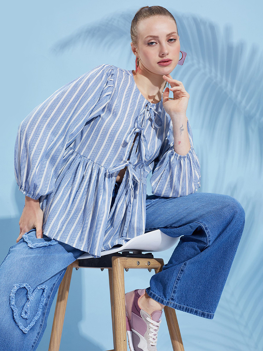 

HERE&NOW Women Striped Peplum Cotton Top, Blue