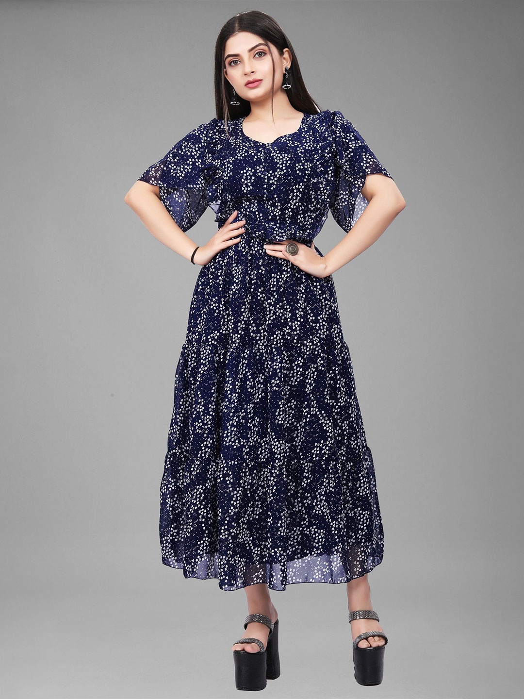 

Femvy Printed Georgette Fit & Flare Midi Dress, Navy blue