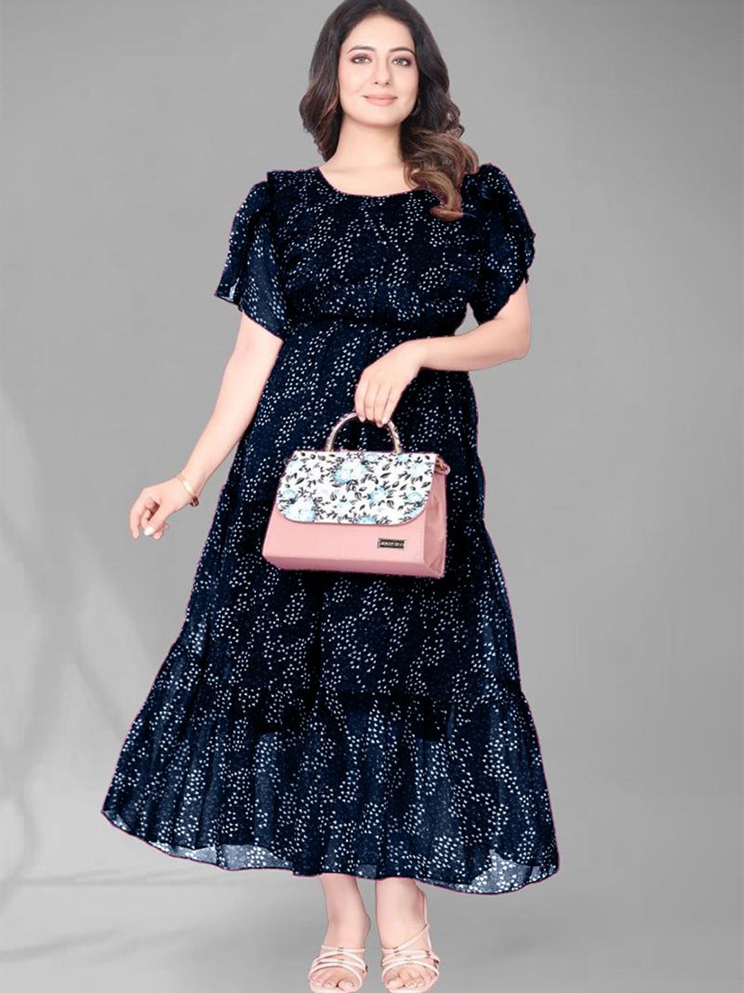 

Femvy Women Printed Fit & Flare Maxi Dress, Blue