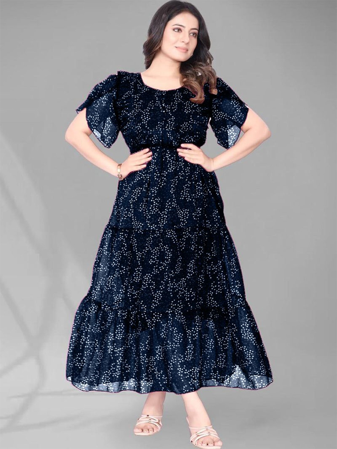 

Femvy Women Printed Fit & Flare Maxi Dress, Blue