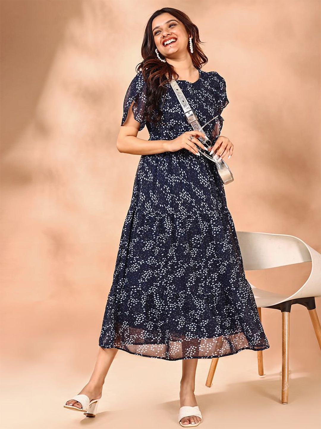 

Femvy Women Printed Georgette Fit & Flare Midi Dress, Blue