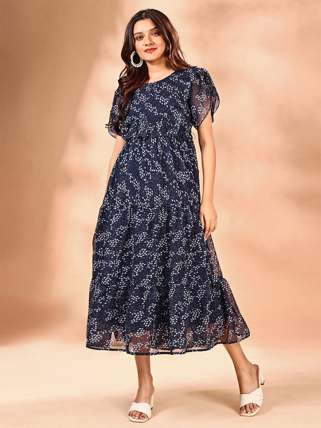 

Femvy Women Printed Fit & Flare Maxi Dress, Blue