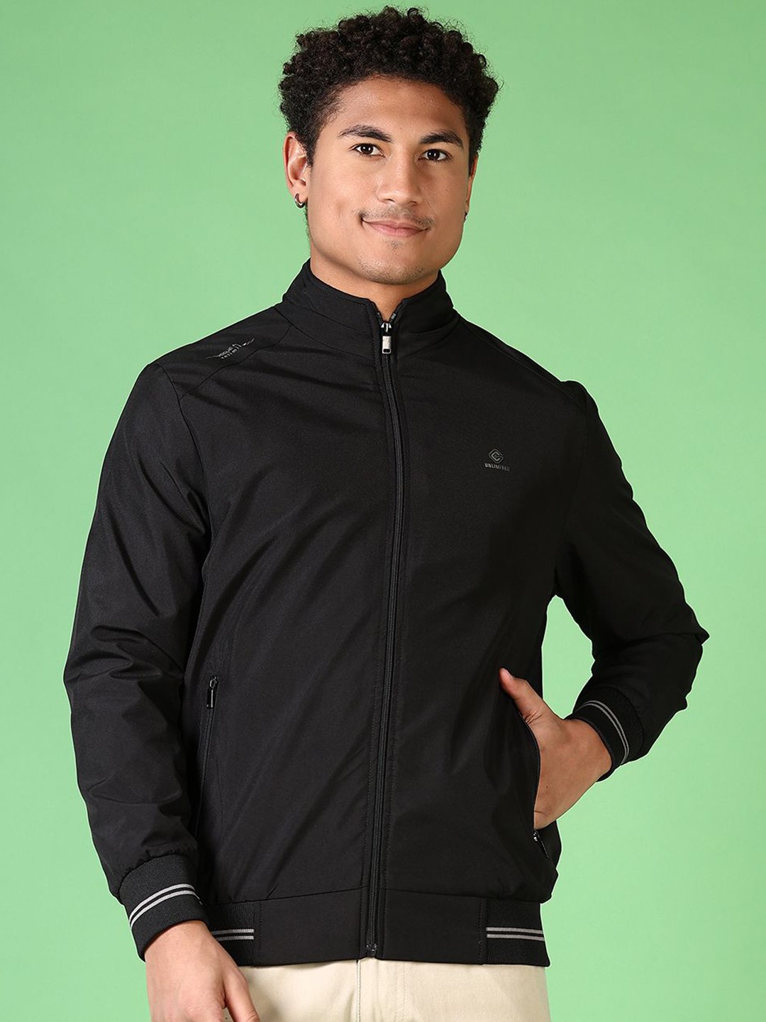 

V-Mart Men Mock Collar Solid Cotton Casual Bomber Jacket, Black