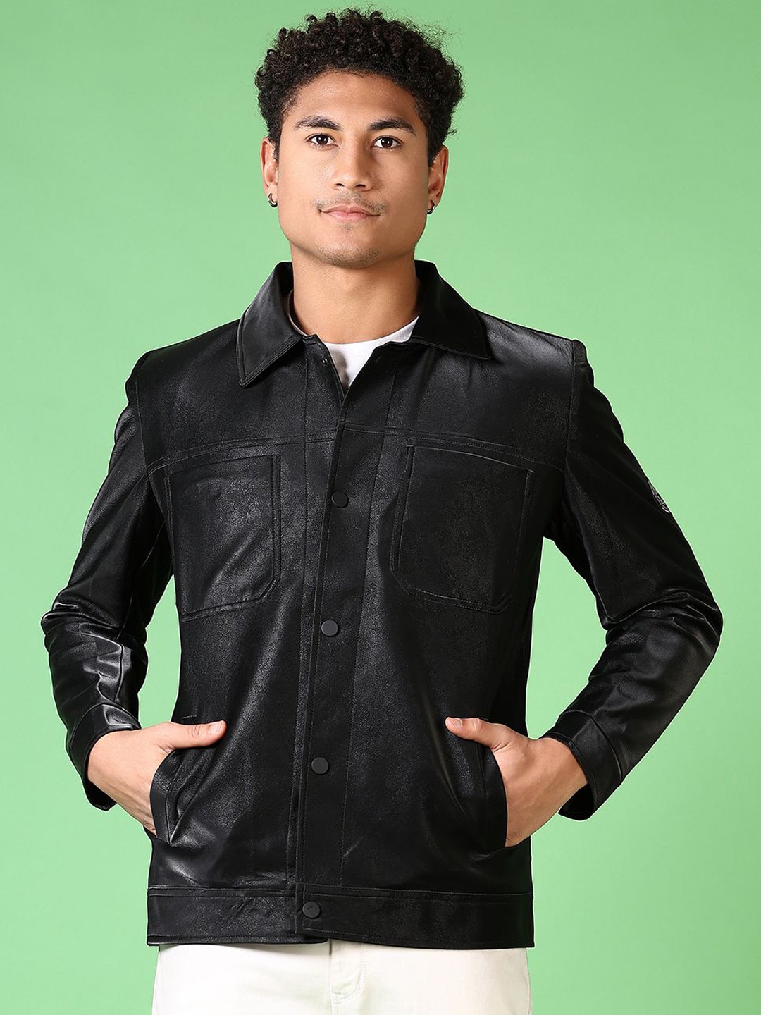 

V-Mart Men Spread Collar Solid Cotton Casual Leather Jacket, Black