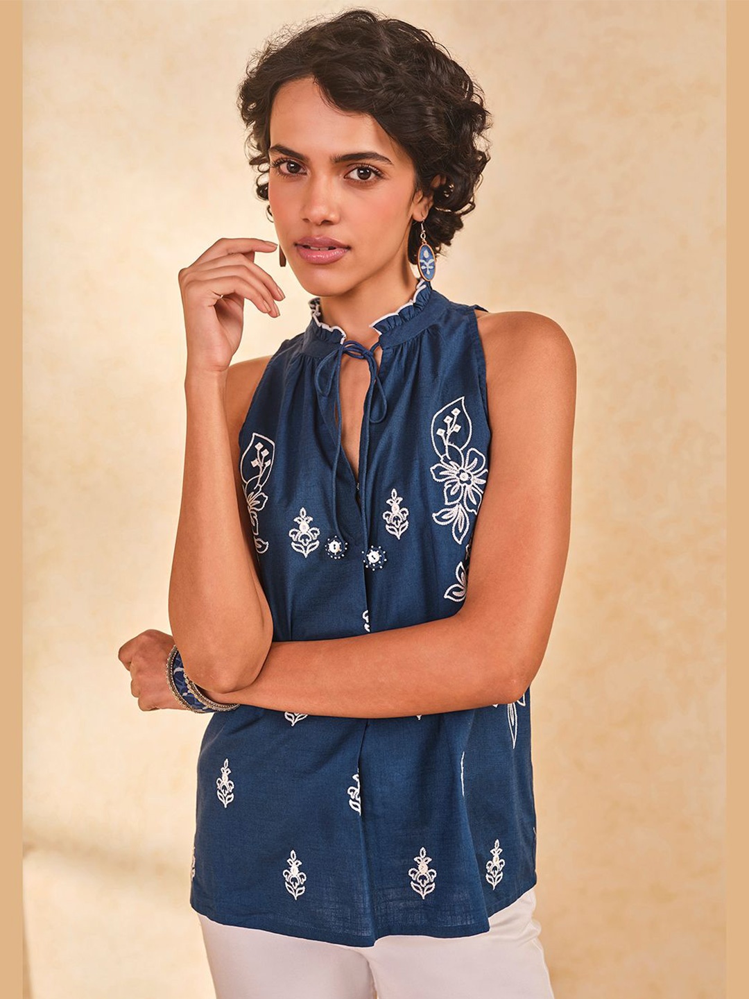 

Global Desi Embroidered Tie-Up Neck Cotton Top, Navy blue