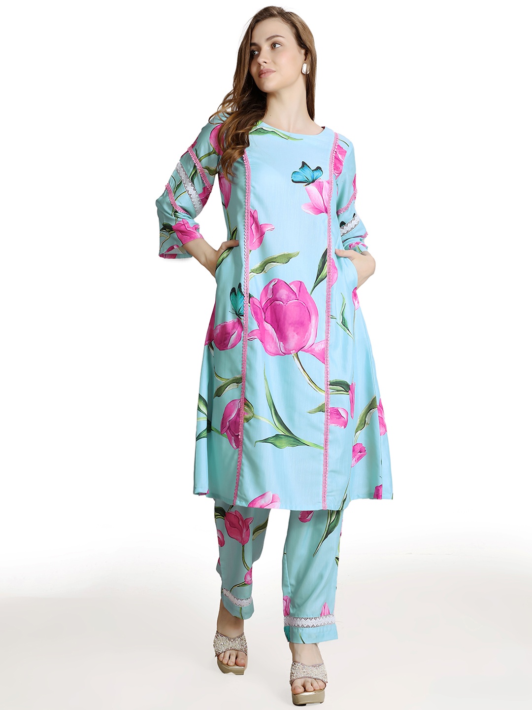 

FAB GALAXY Round Neck Printed Top With Trousers, Blue