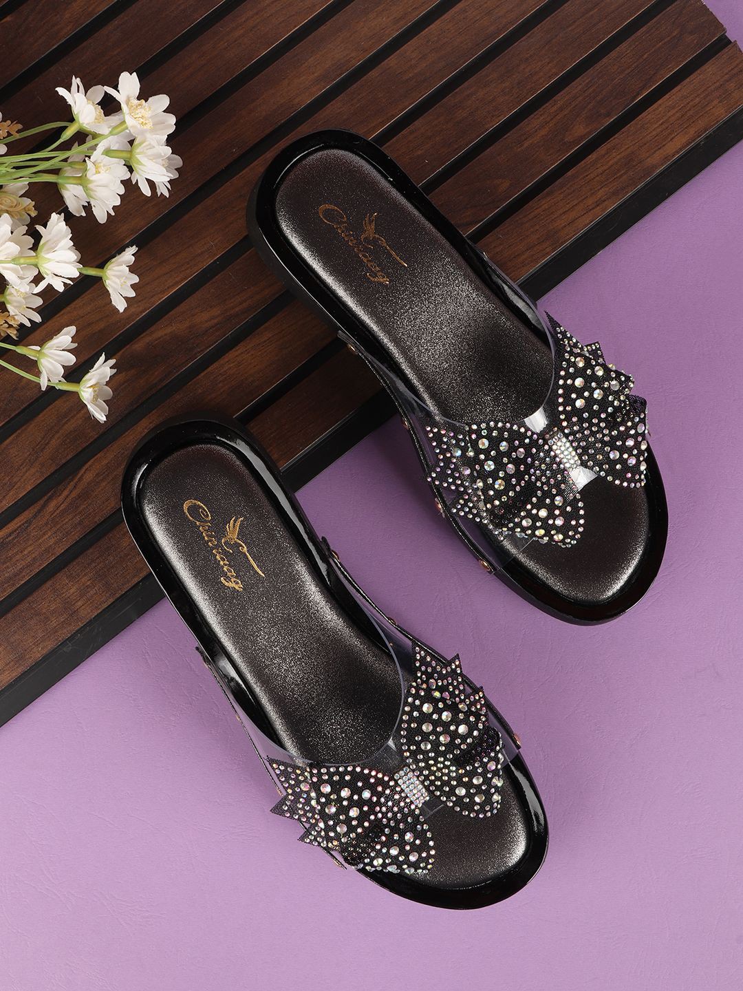 

CHINRAAG Open Toe PU Wedge Heel Sandals, Black