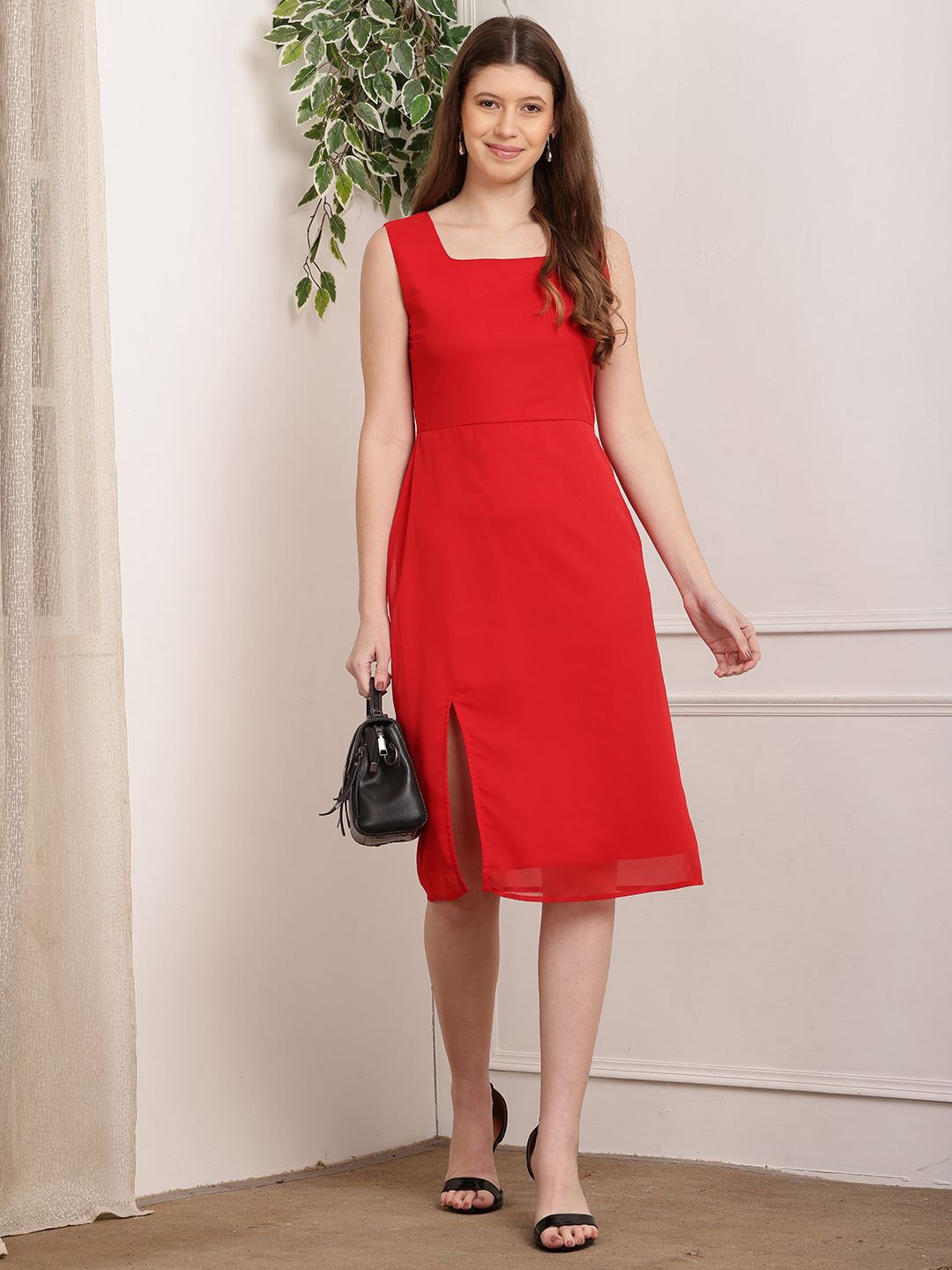 Tushita Square Neck Sleeveless Georgette Sheath Midi Dress, Red