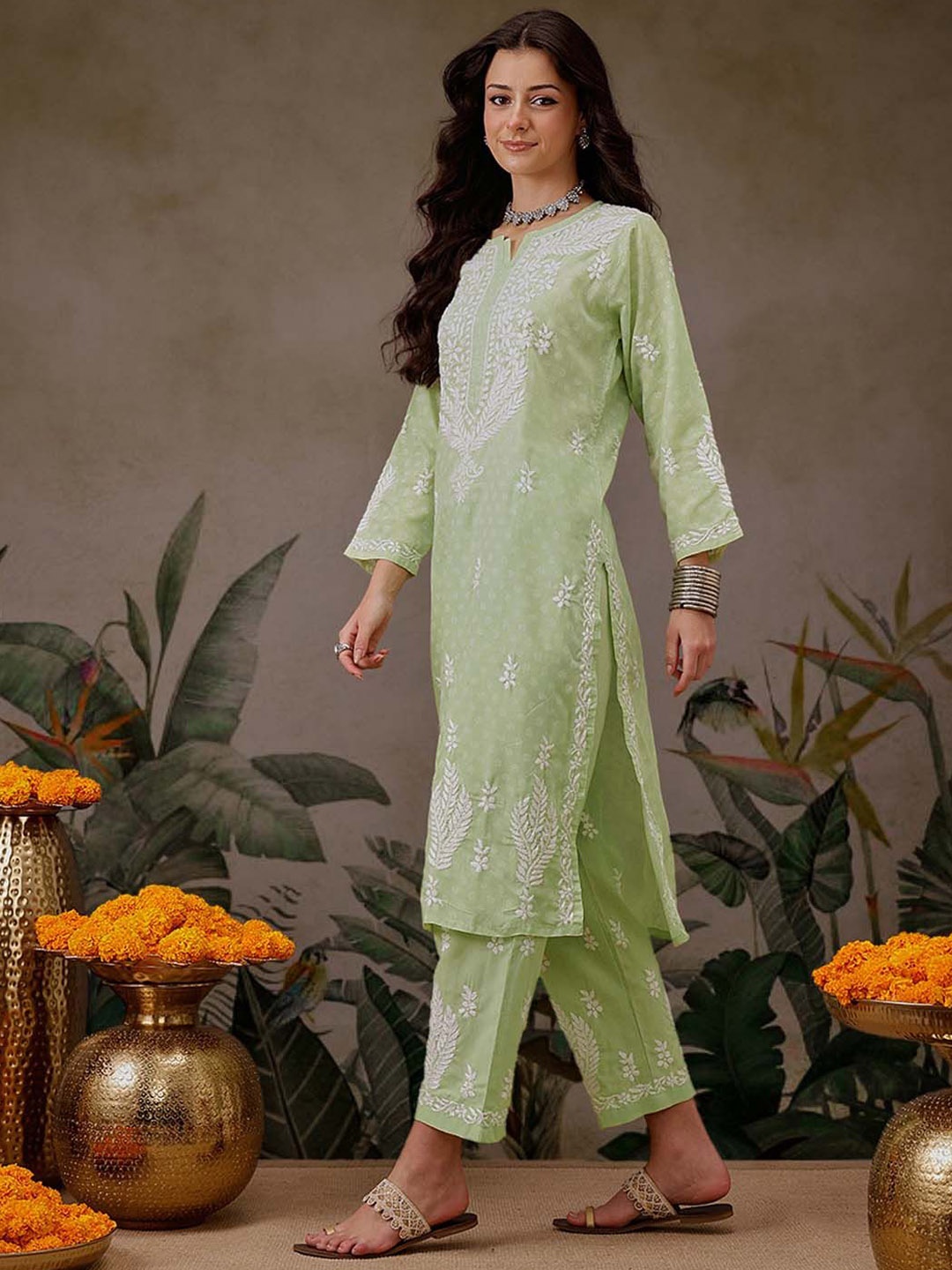 

ADA Floral Embroidered Notch Neck Chikankari Straight Kurta With Trousers, Green