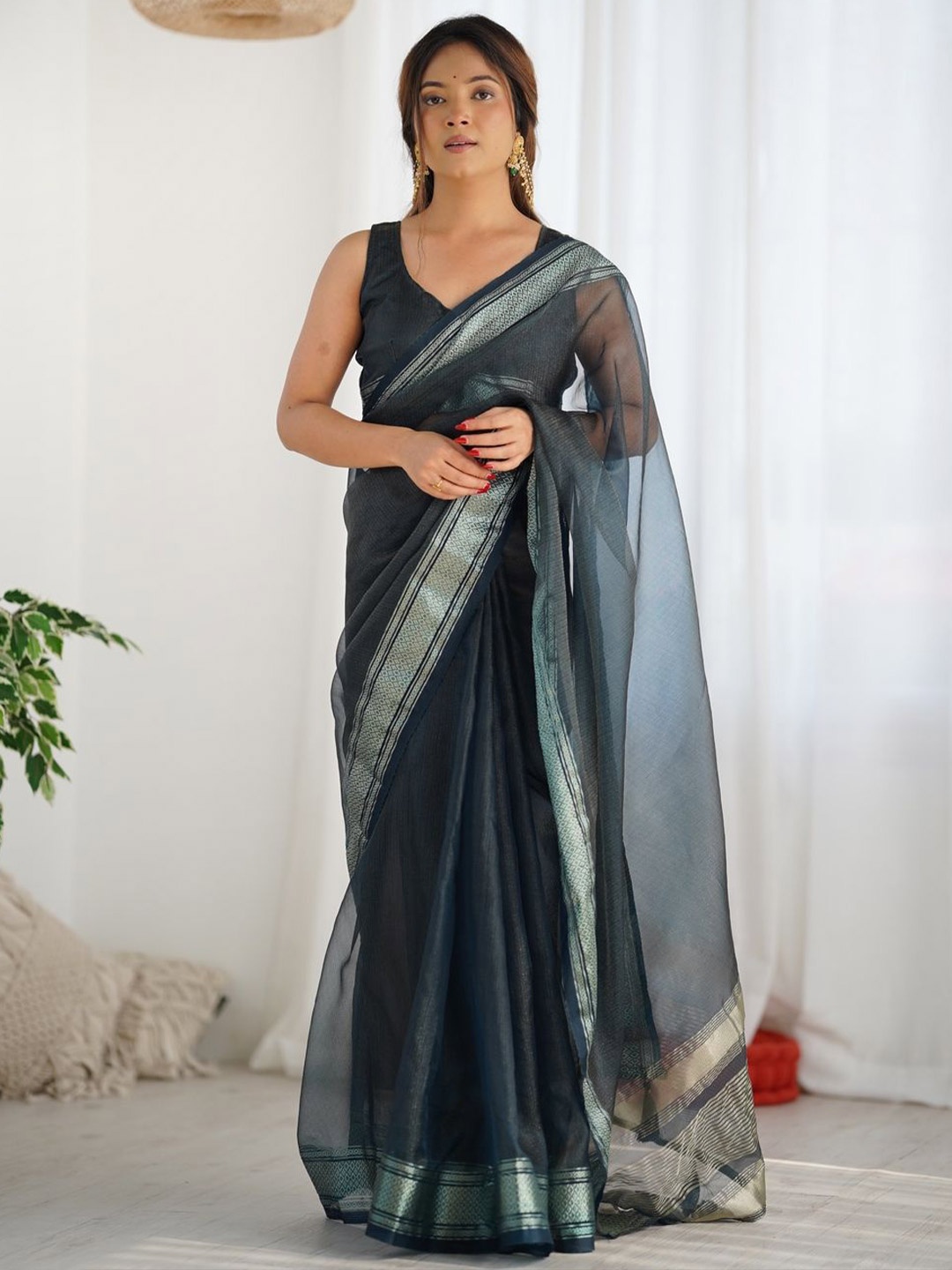 

KALINI Zari Organza Chanderi Saree, Black