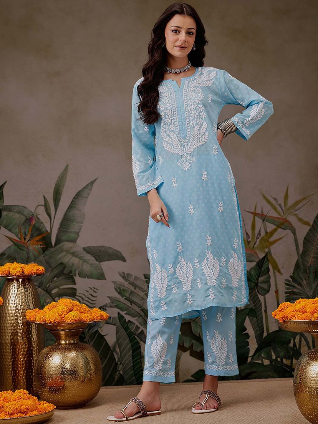 

ADA Floral Embroidered Notch Neck Chikankari Straight Kurta With Trousers, Blue