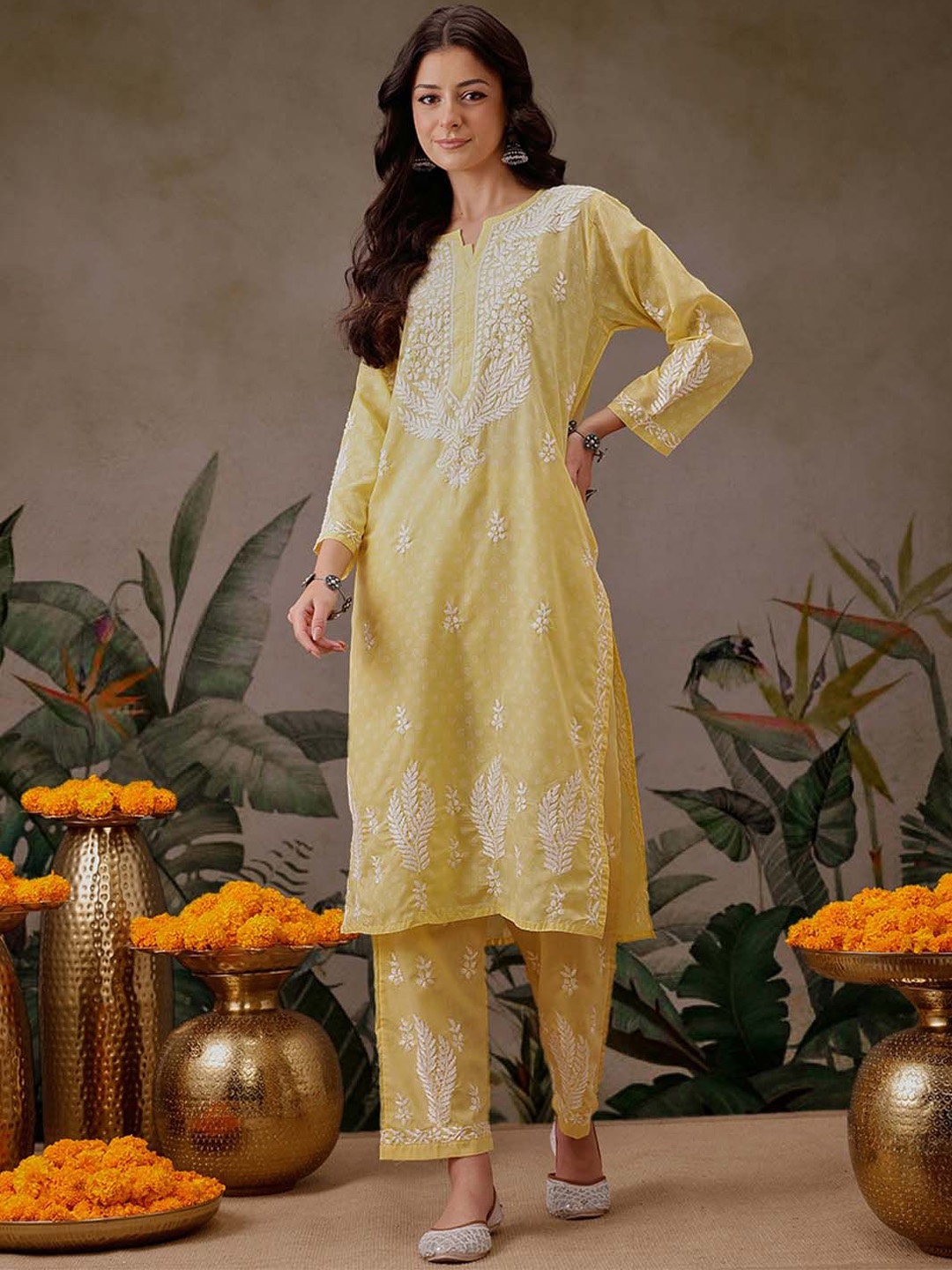 

ADA Floral Embroidered Notch Neck Chikankari Straight Kurta With Trousers, Yellow