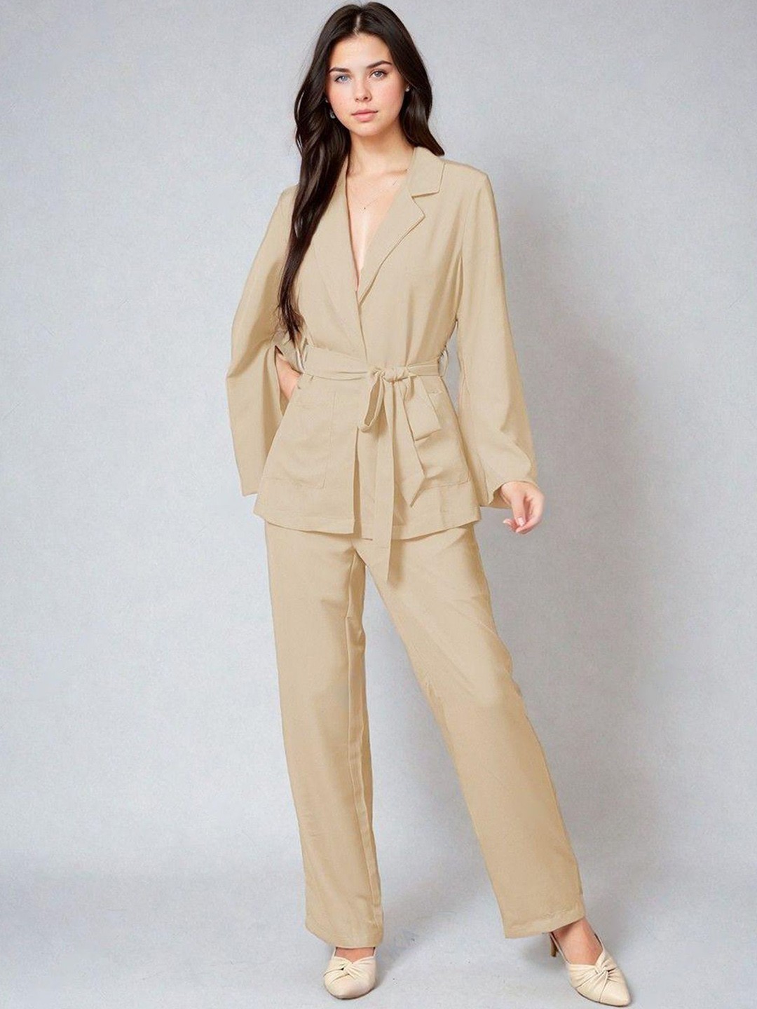 

Kotty Beige Notch Lapel Collar Blazer With Trousers