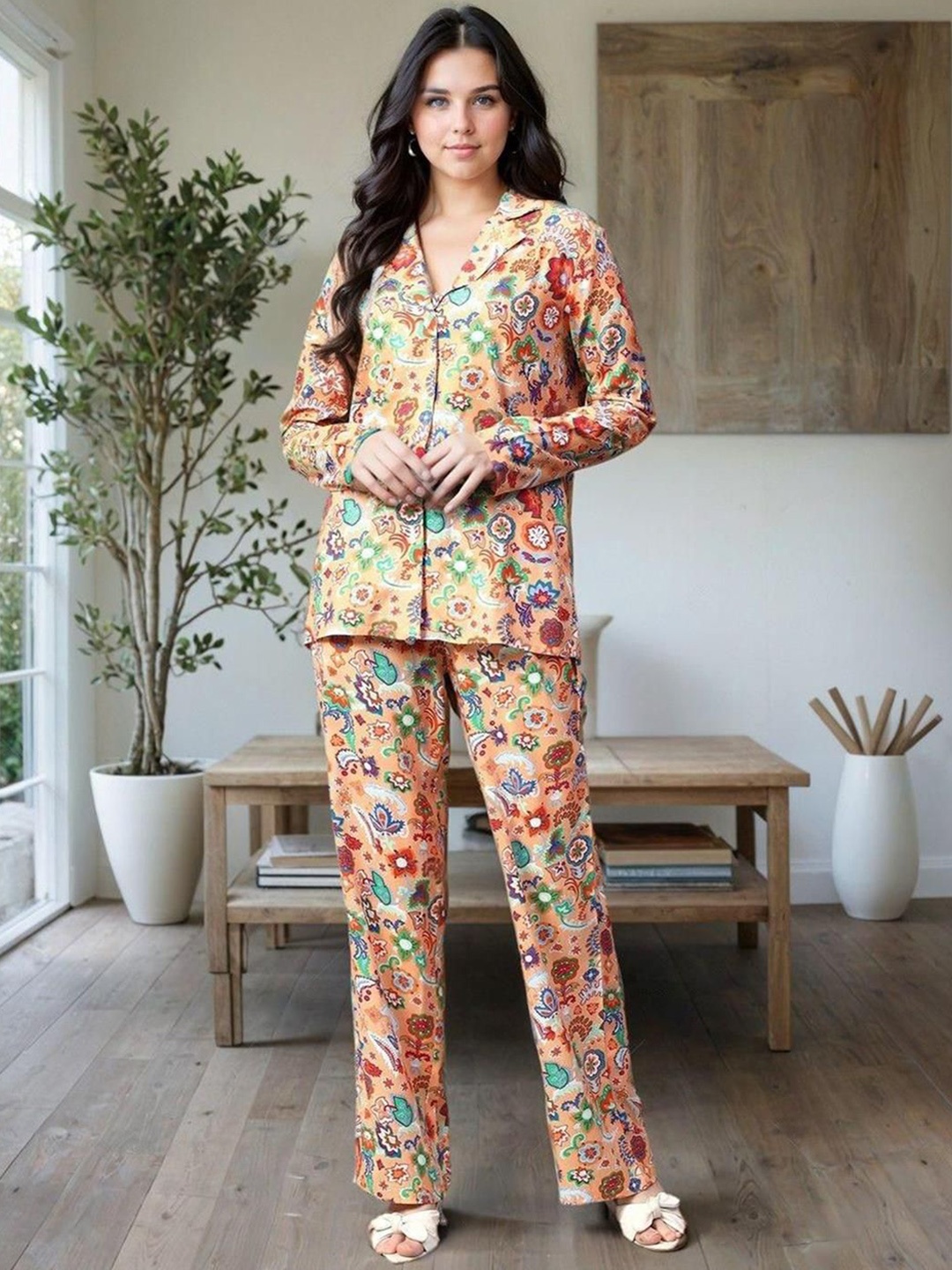 

Kotty Yellow and Green Printed Shirt Collar Shirt With Trouser