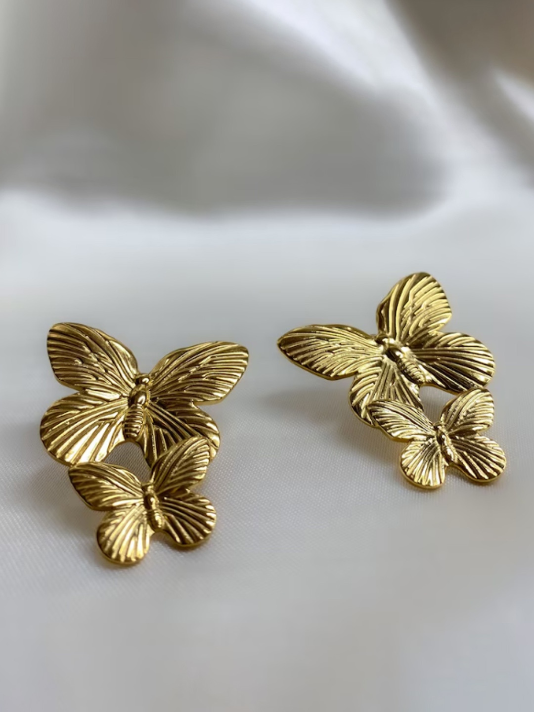 

SUBHAGALANKAR Gold-Plated Stainless Steel Double Butterfly Shaped Drop Earrings