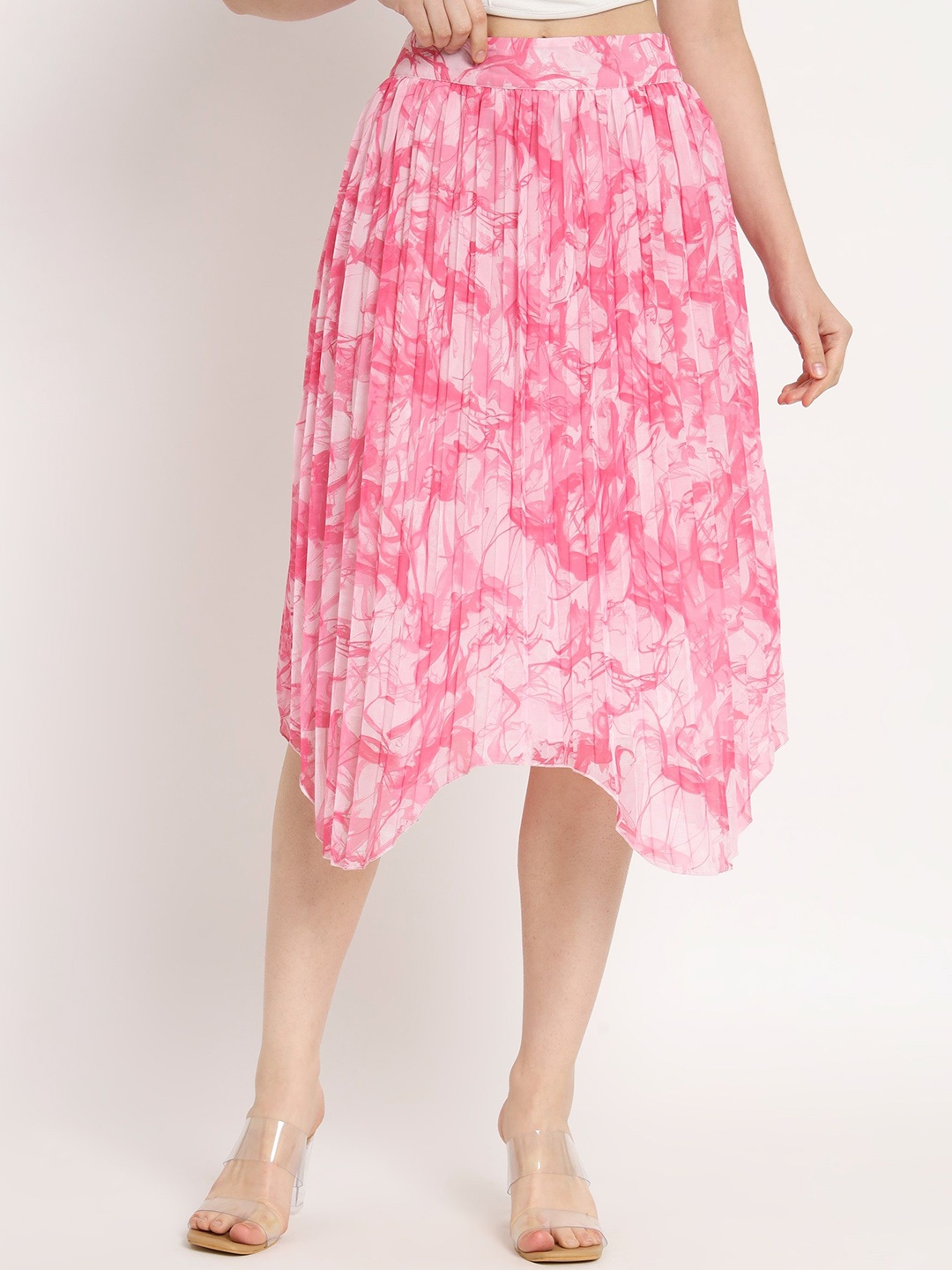 

NUEVOSDAMAS Women Printed Pleated Georgette A-Line Skirt, Pink