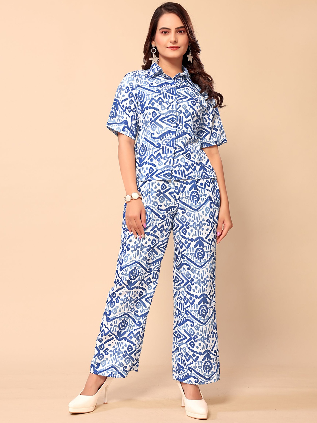 

Fashfun Shirt Collar Printed Shirt With Trousers, Blue