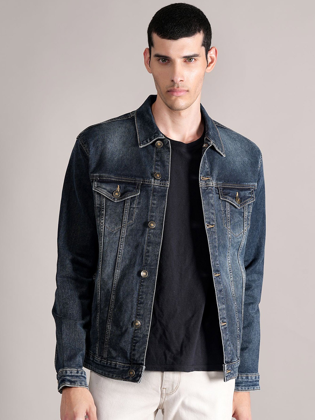 

Cantabil Men Spread Collar Washed Self Design Cotton Casual Denim Jacket, Blue