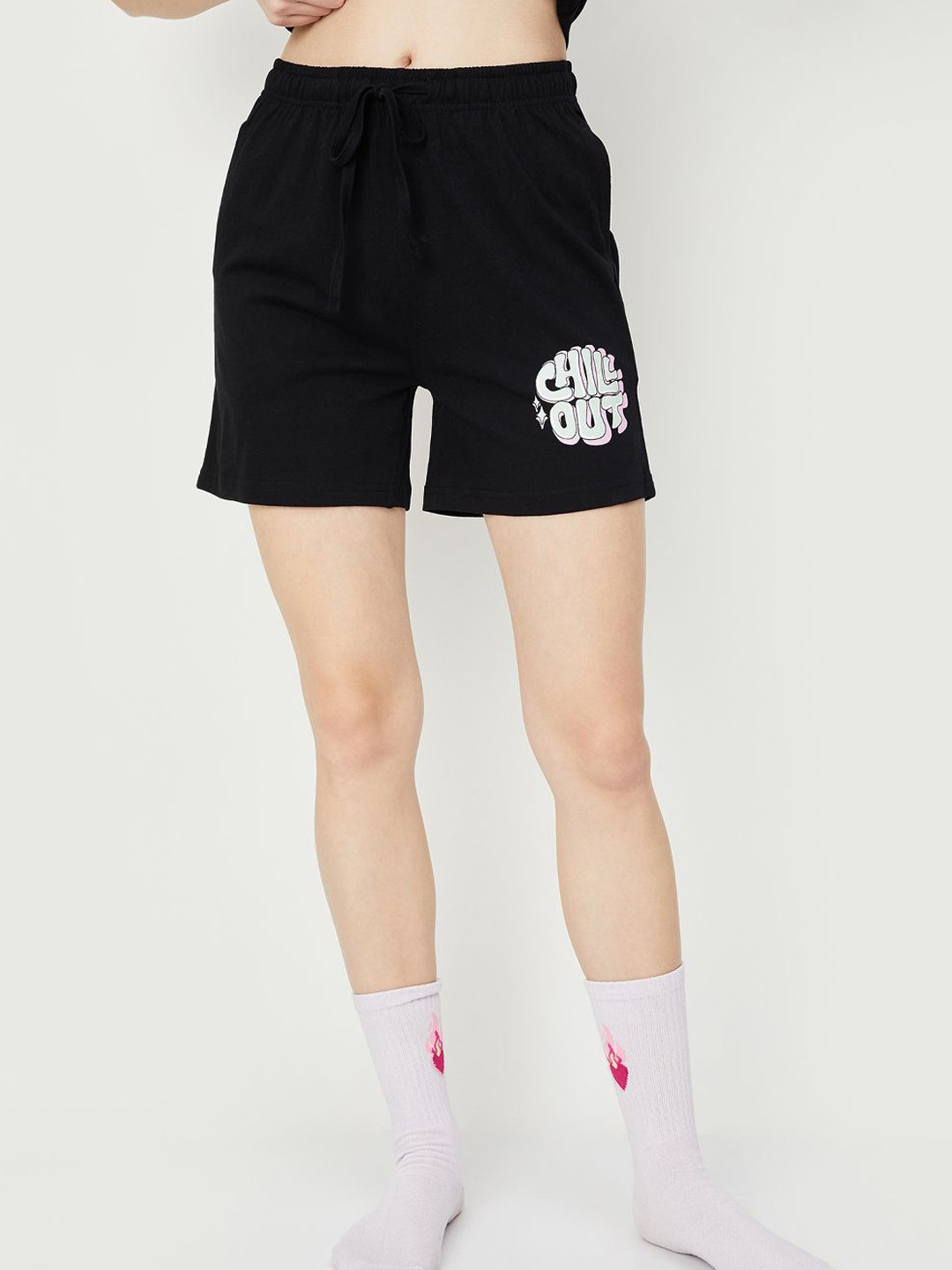 

max Women Cotton Printed Mid Rise Sports Shorts, Black