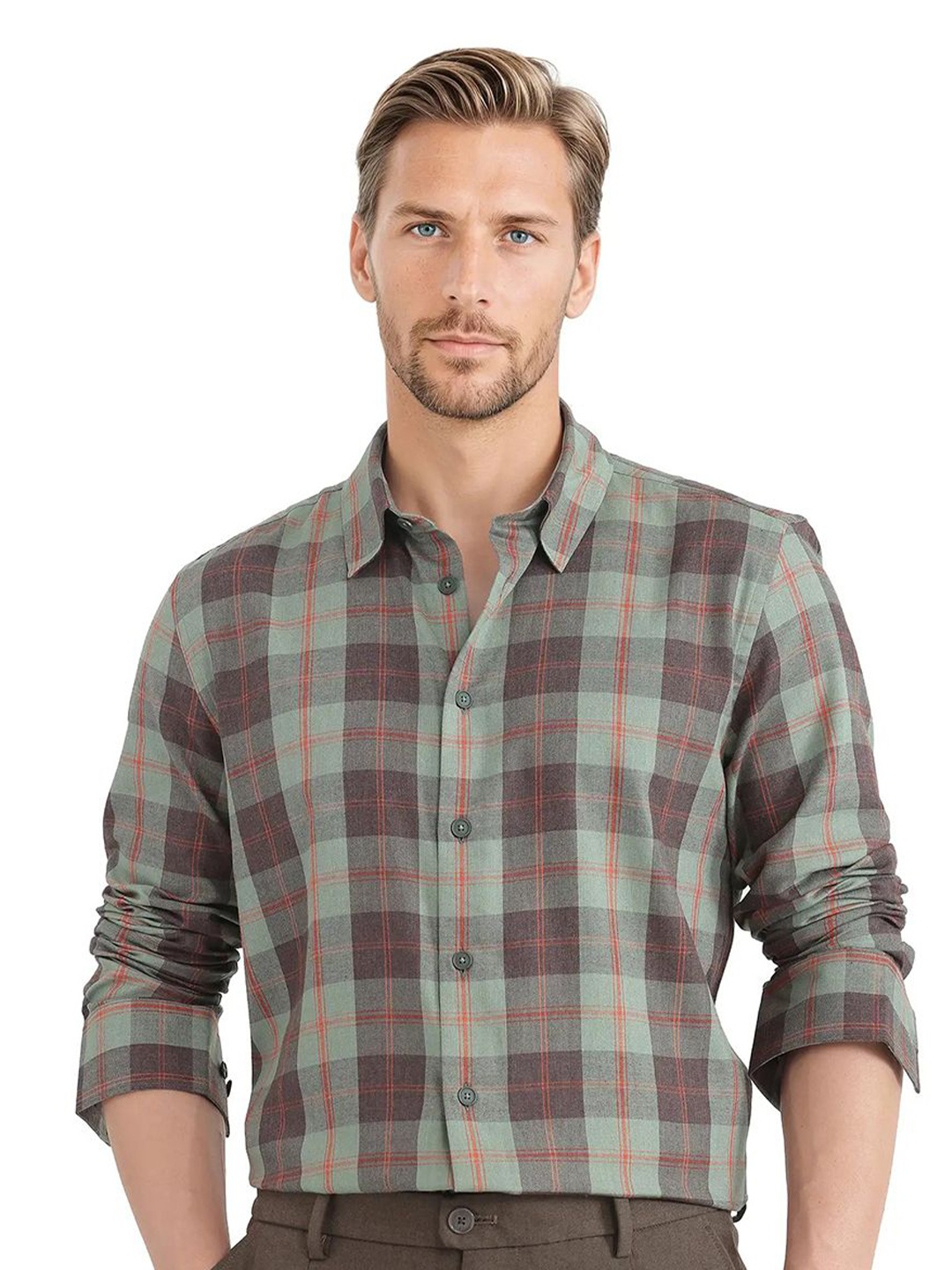 

RARE RABBIT Men Comfort Spread Collar Tartan Checked Cotton Casual Shirt, Olive