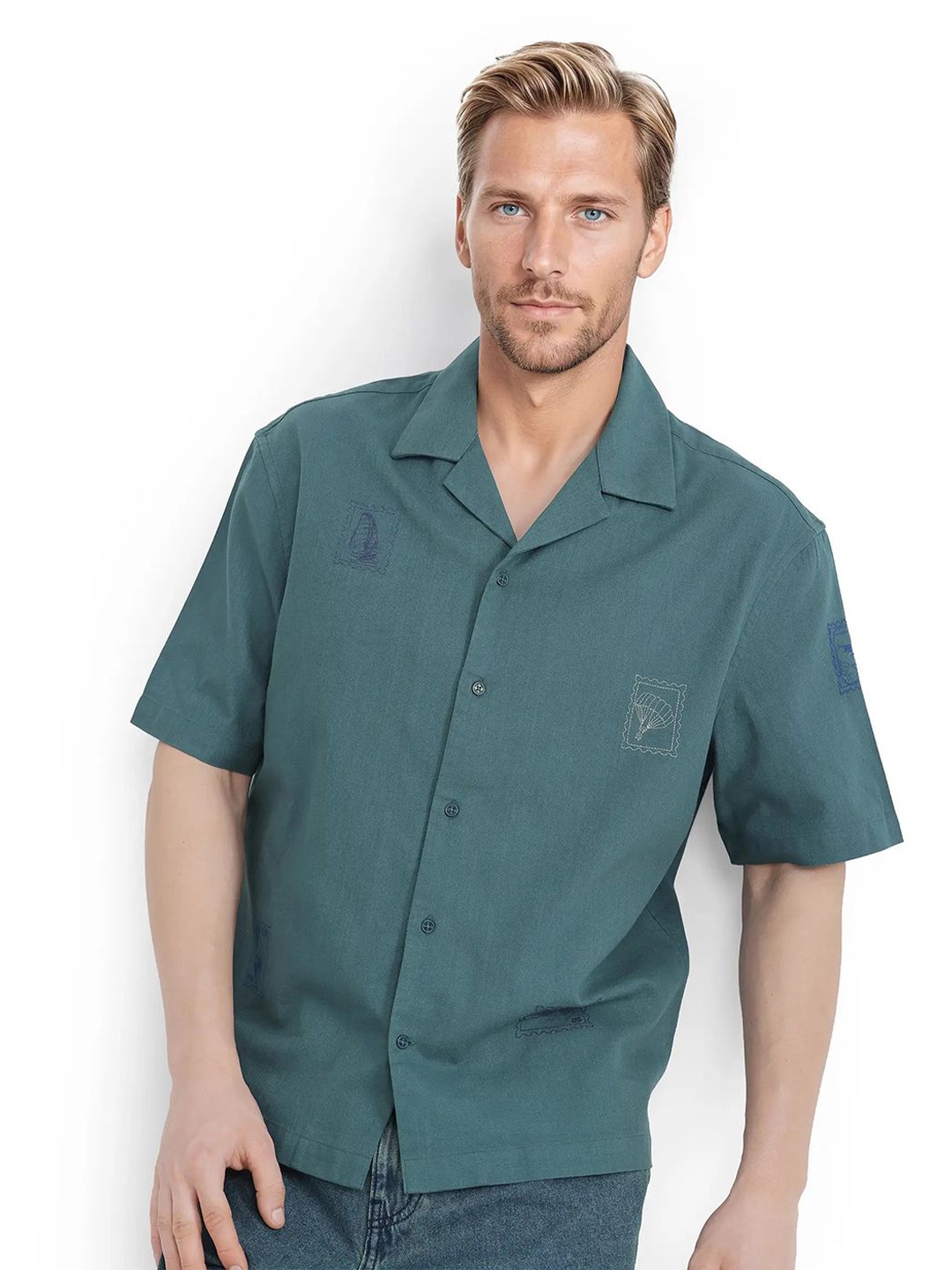 

RARE RABBIT Men Comfort Cuban Collar Solid Cotton Casual Shirt, Teal