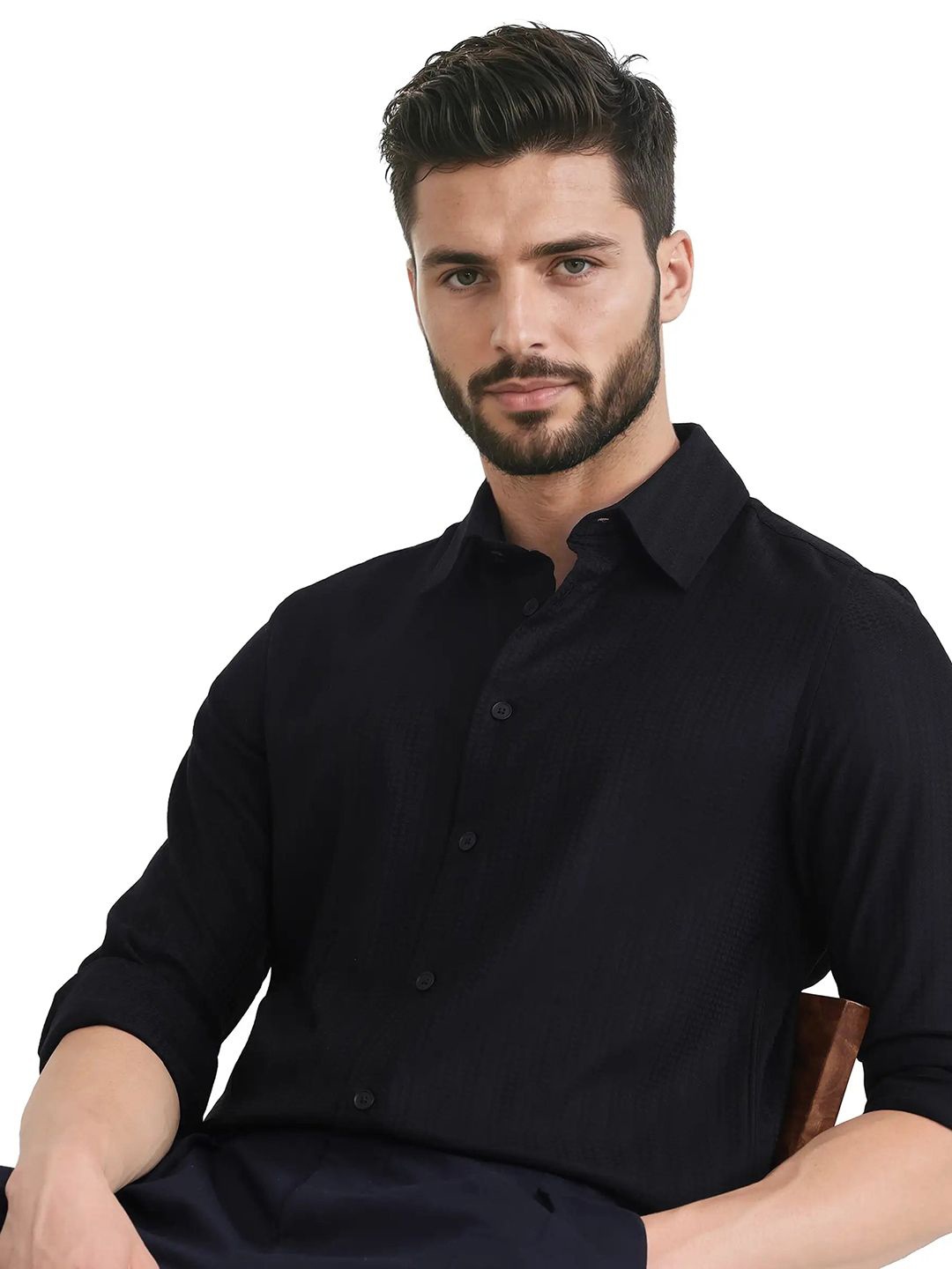 

RARE RABBIT Men Comfort Spread Collar Solid Cotton Casual Shirt, Black