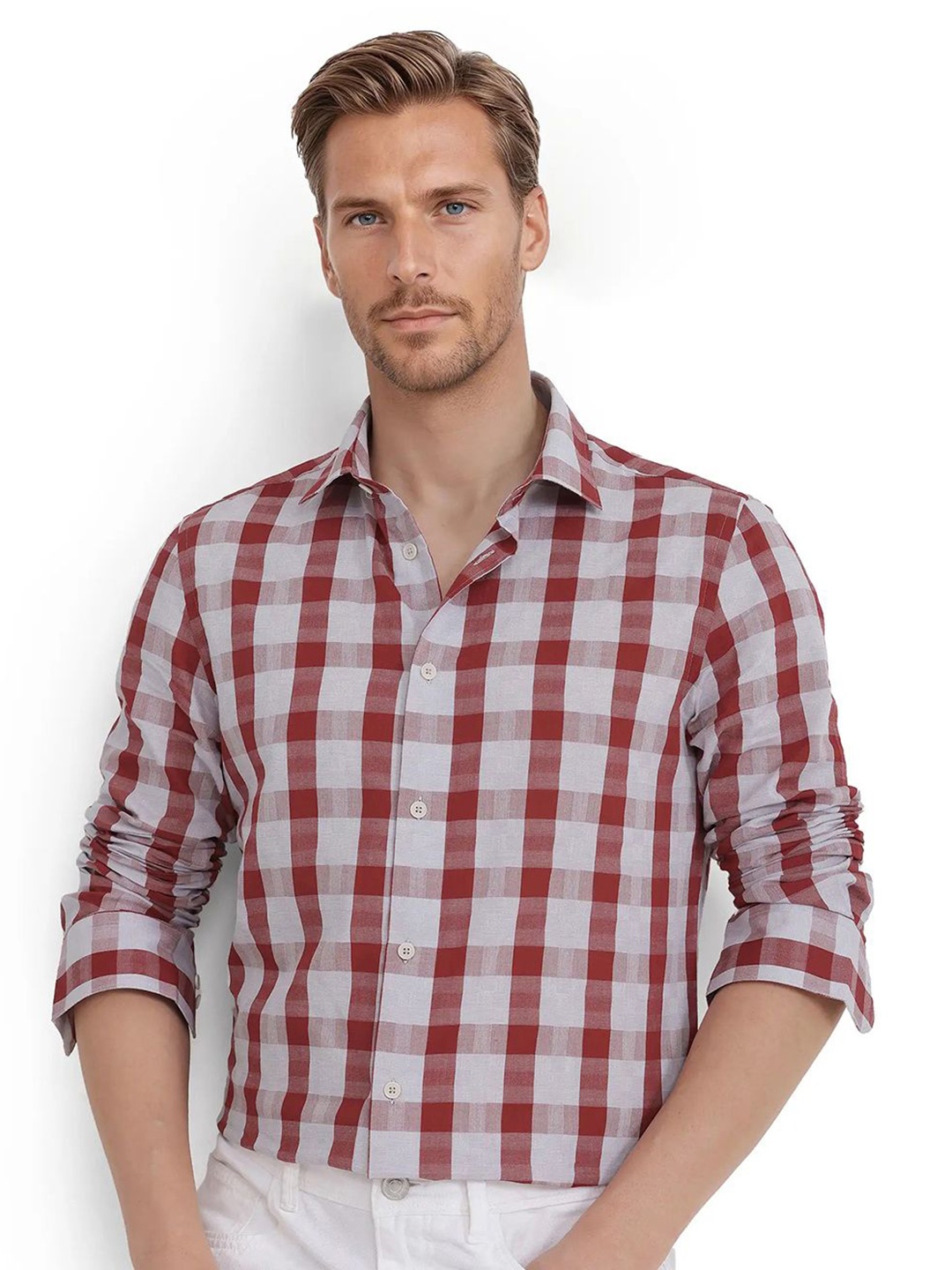 

RARE RABBIT Men Comfort Spread Collar Checked Cotton Casual Shirt, Red