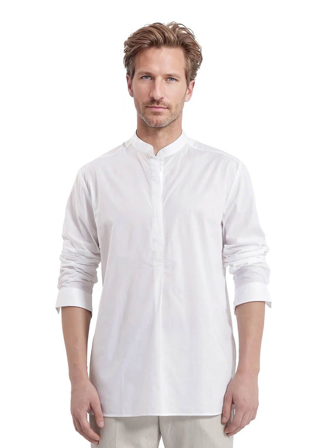 

RARE RABBIT Men Comfort Mandarin Collar Solid Cotton Casual Shirt, White