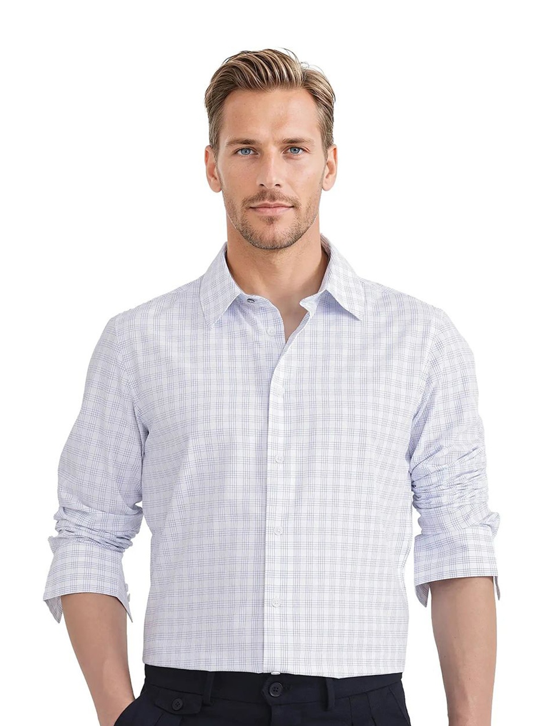 

RARE RABBIT Men Comfort Fit Spread Collar Micro Checked Cotton Formal Shirt, Blue