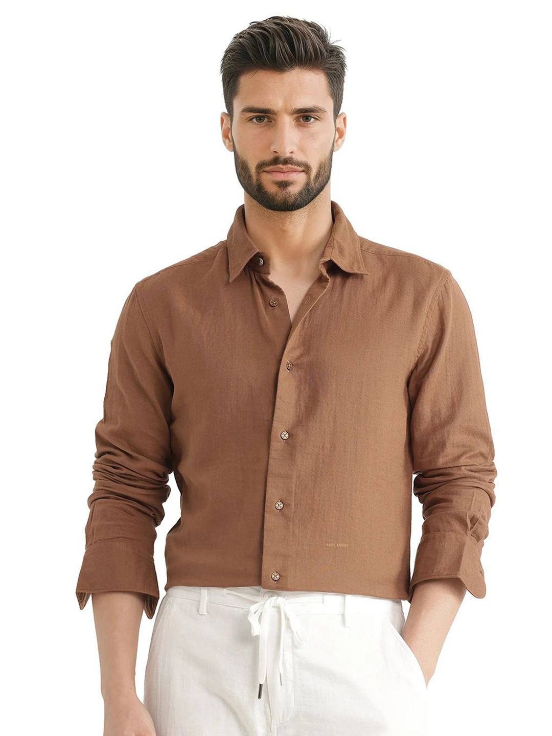 

RARE RABBIT Men Comfort Spread Collar Solid Cotton Formal Shirt, Brown