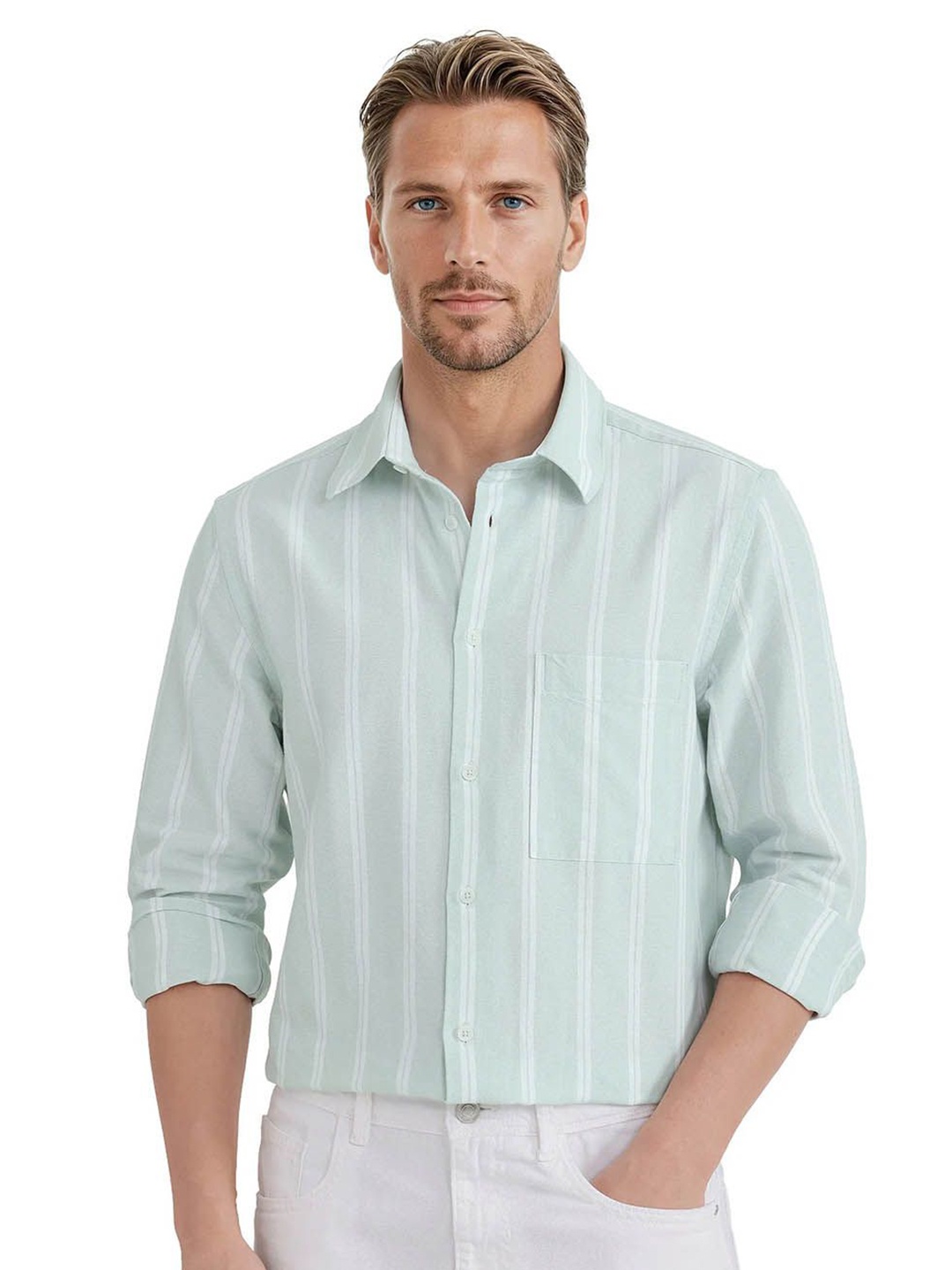 

RARE RABBIT Men Comfort Spread Collar Vertical Striped Cotton Casual Shirt, Green