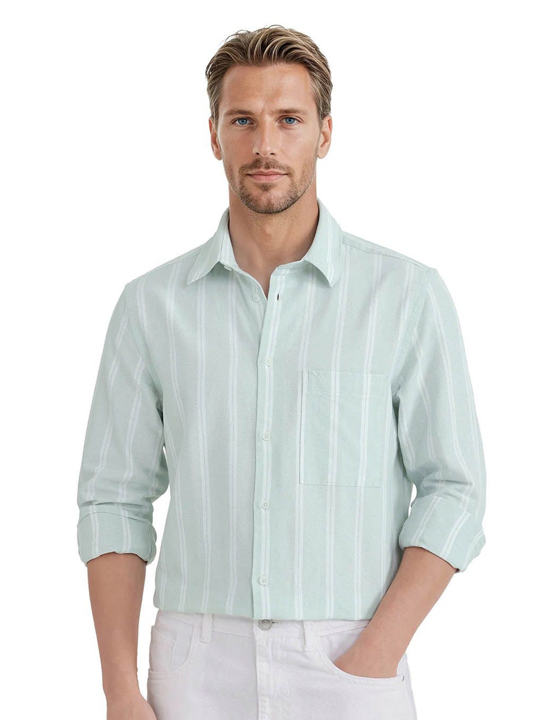 

RARE RABBIT Men Comfort Fit Spread Collar Vertical Striped Cotton Casual Shirt, Green